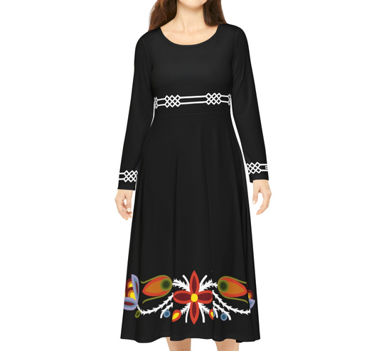 Ojibwe Florals With Otter Track Geometric Detailing - Women's Long Sleeve Dress