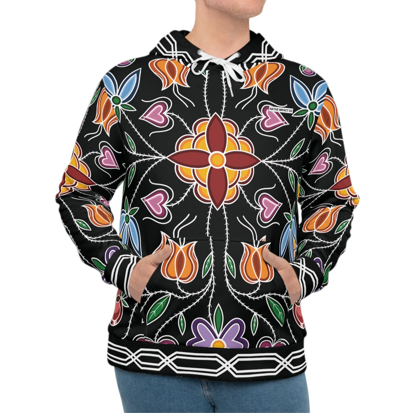 Aazhooningwa’on (bandolier bag) Inspired, Woodland Ojibwe Floral Panel Design with Otter Track Border Design - Unisex Hoodie