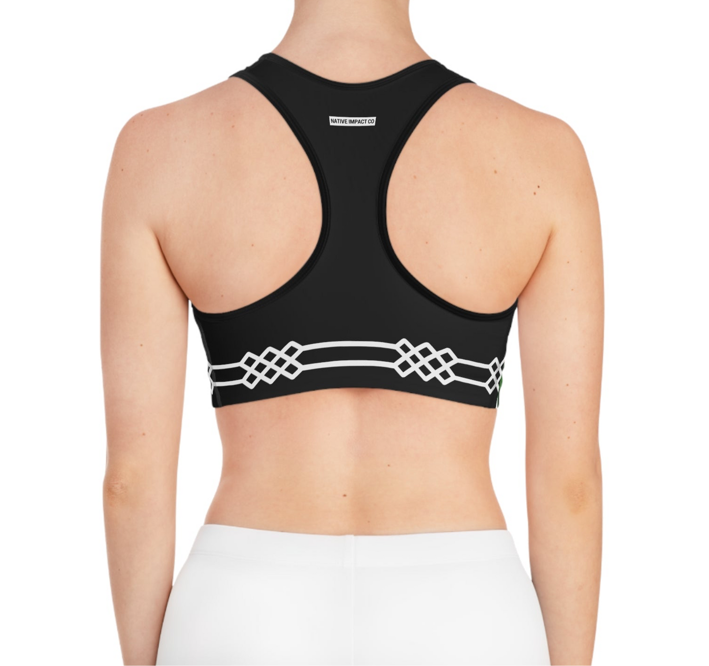 Woodland Ojibwe Floral Design With Otter Track Geometric Border - Sports Bra