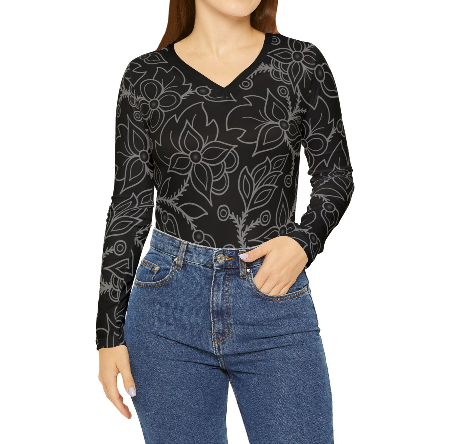 Woodland Ojibwe Floral All-Over-Print Design - Women's Long Sleeve V-neck Shirt - Black