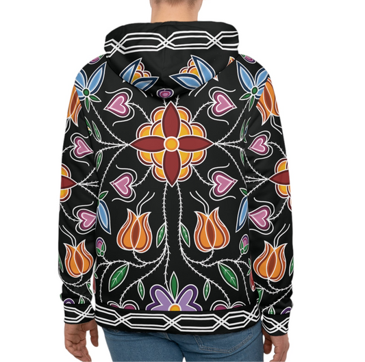 Aazhooningwa’on (bandolier bag) Inspired, Woodland Ojibwe Floral Panel Design with Otter Track Border Design - Unisex Hoodie