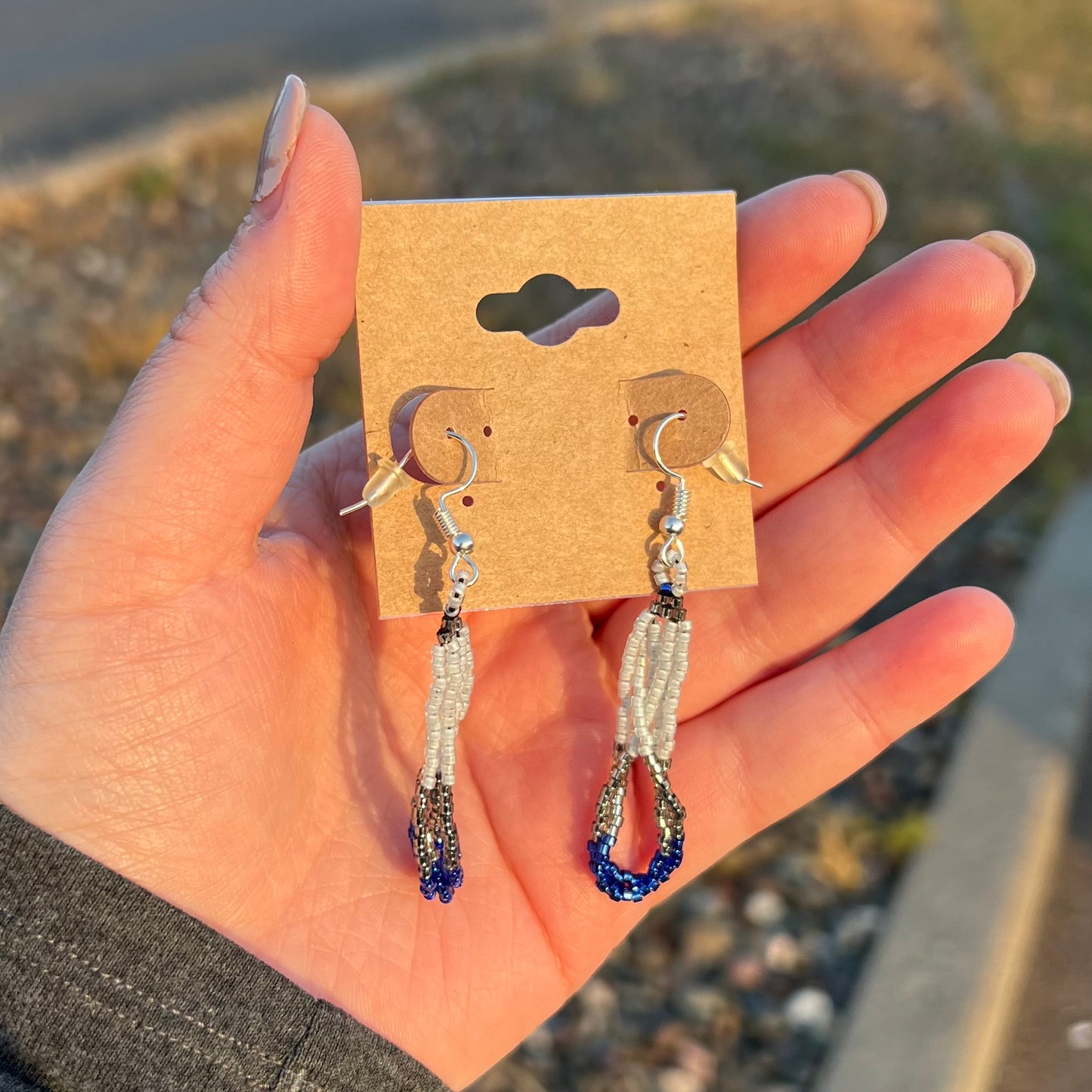 Beaded Fringe Earrings - White, Blue, & Silver