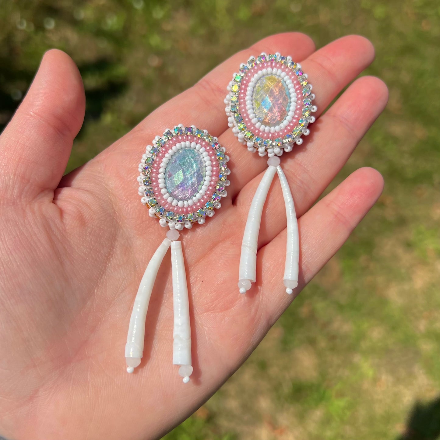 Beaded Earrings w/ Dentalium Shell Dangles - Pastel Pink