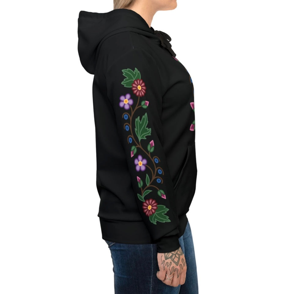 Woodland Ojibwe Floral Chest & Sleeve Design - Unisex Fit - Black Hoodie