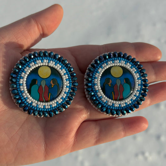 Beaded Earrings - Grandmother Moon Centers - Blue