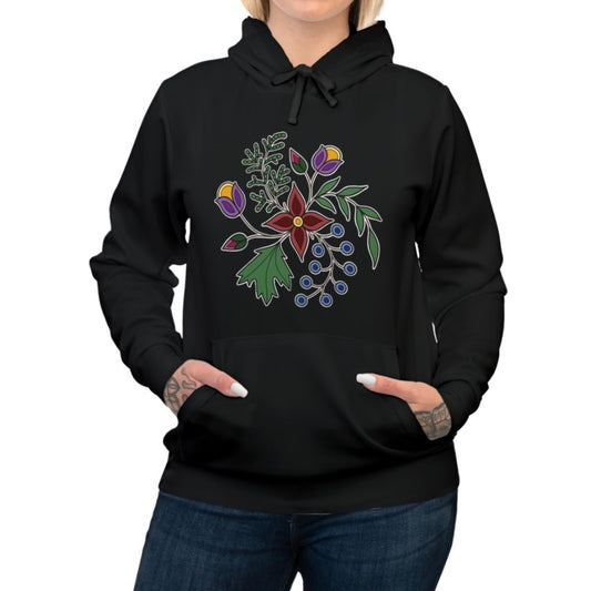 Giizhik “Cedar” & Miinaan “Berries” Woodland Ojibwe Floral Chest Design - Unisex Fit Hoodie