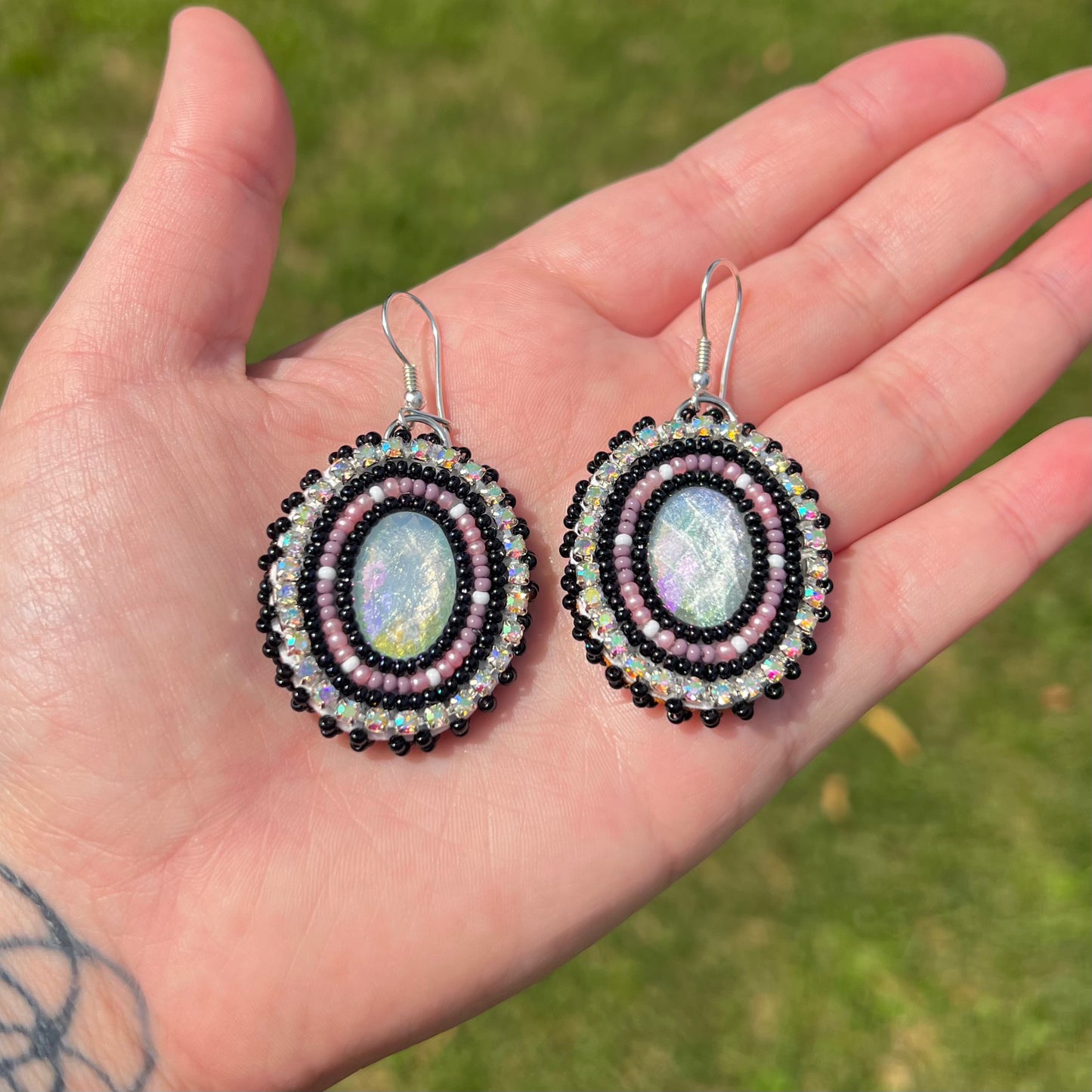 Beaded Earrings - Black, Pastel Purple & Pink