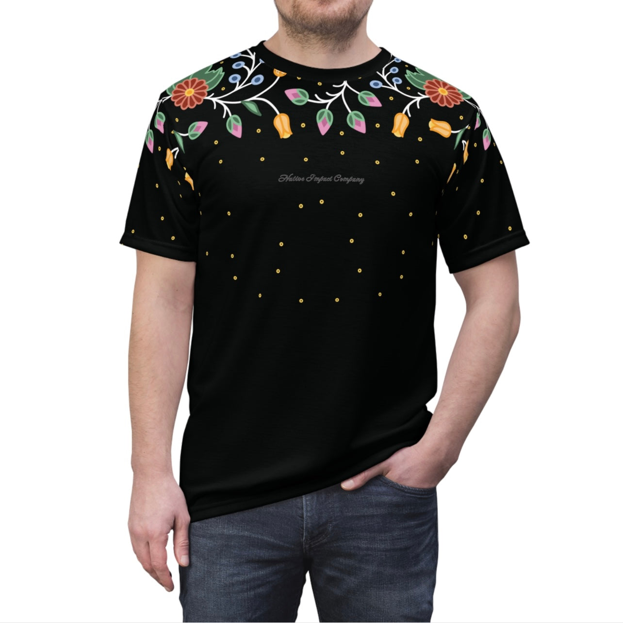 Ojibwe Woodland Florals and Sequins Design - Unisex All-Over-Print Tee - 3 Color Options