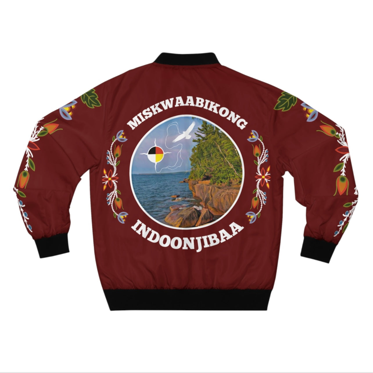 Red Cliff Shorline & Ojibwe Florals - Sleeve & Back Design - Unisex Bomber Jacket