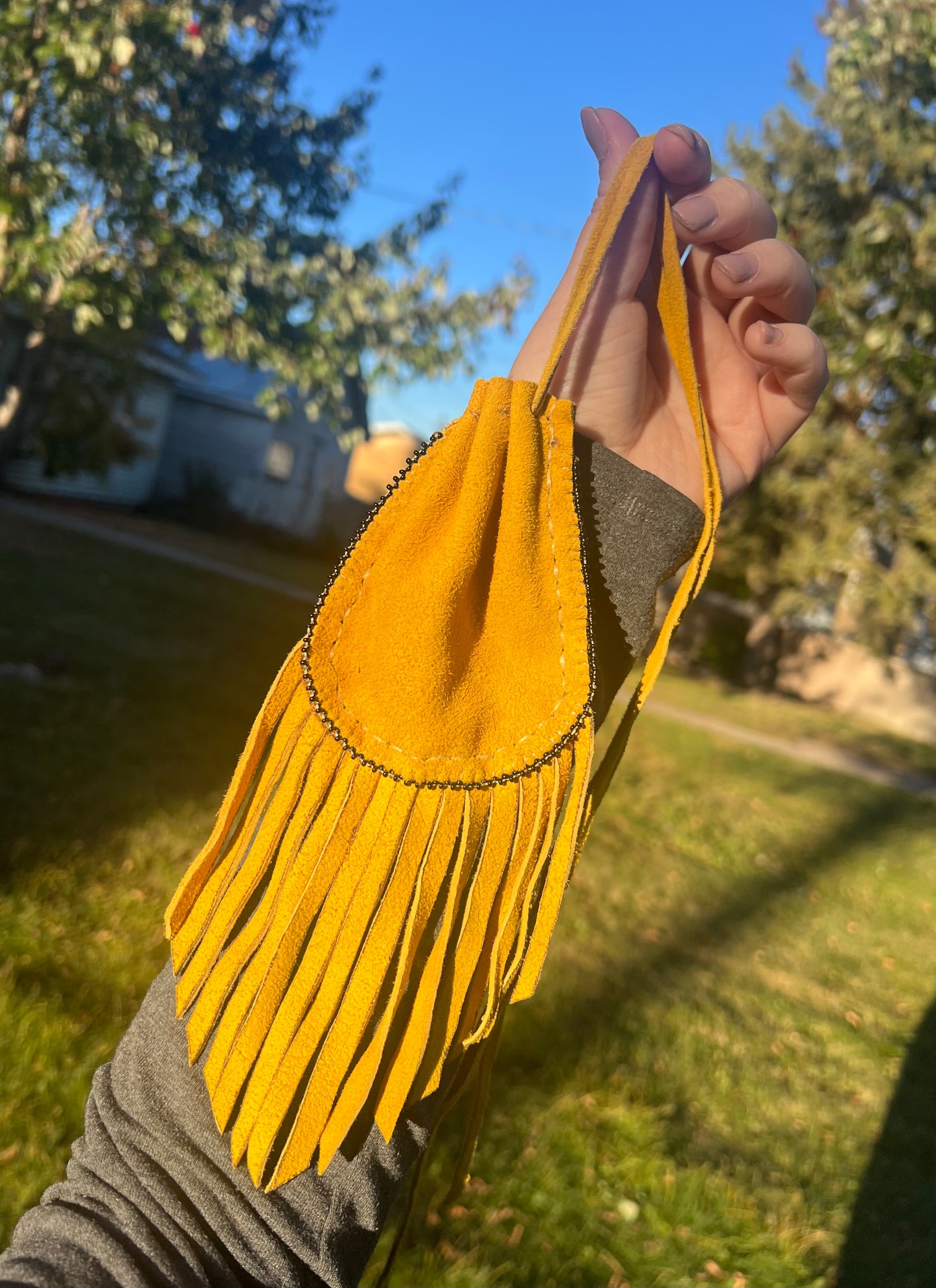 Beaded Leather Pouch With Fringe