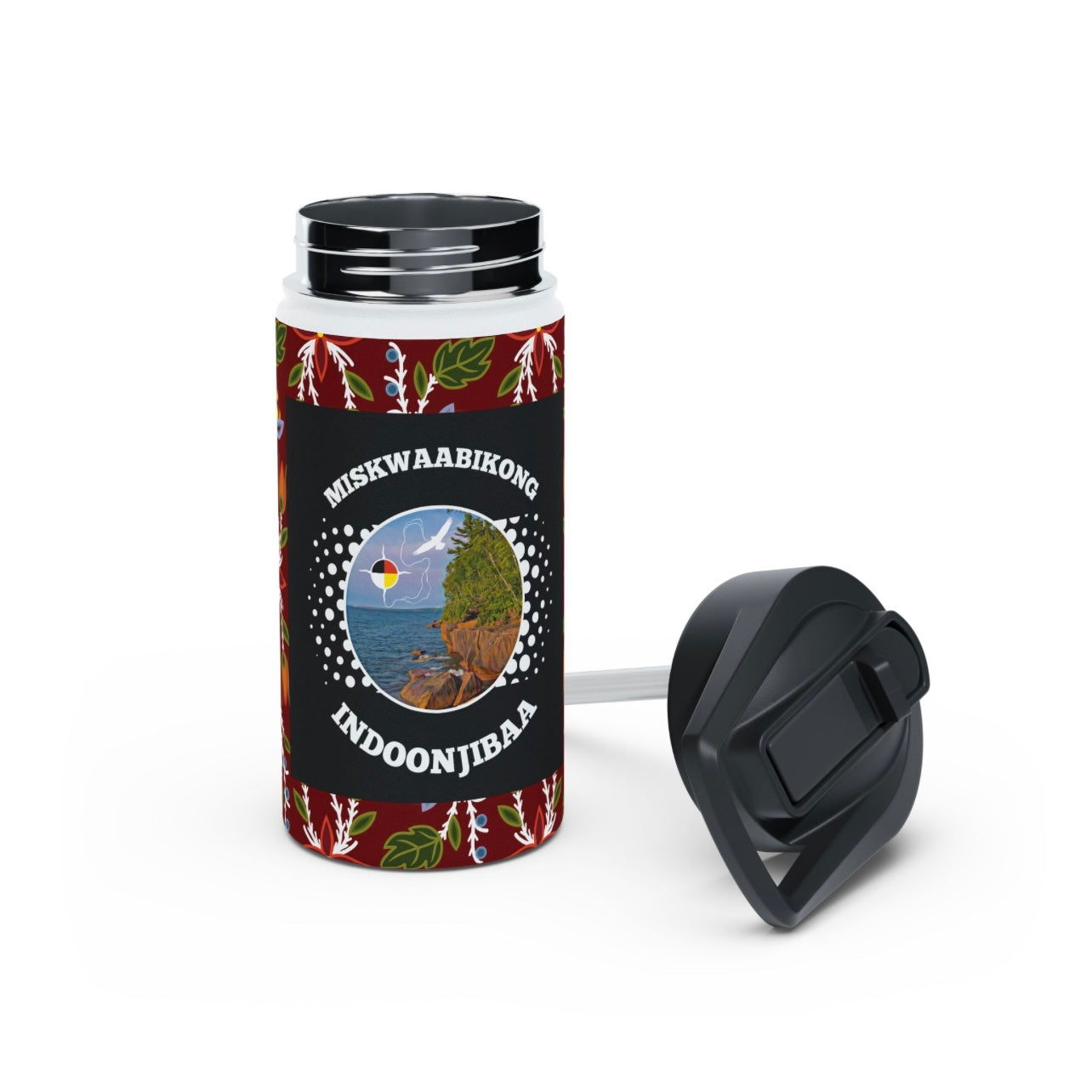 Red Cliff Shoreline & Ojibwe Florals - Stainless Steel Water Bottle, Standard Lid