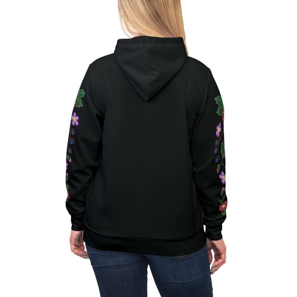 Woodland Ojibwe Floral Chest & Sleeve Design - Unisex Fit - Black Hoodie