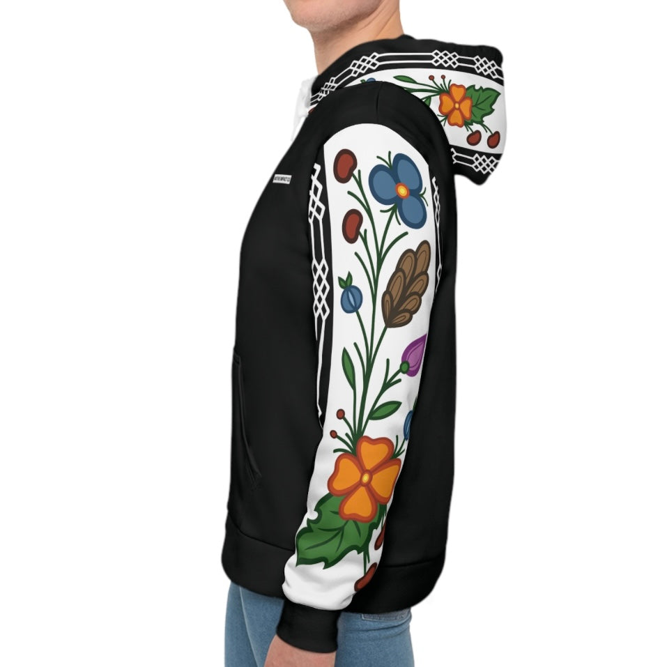 Ojibwe Floral Panel with Otter Track Geometric Borders - Sleeve & Hood Design - Unisex Hoodie