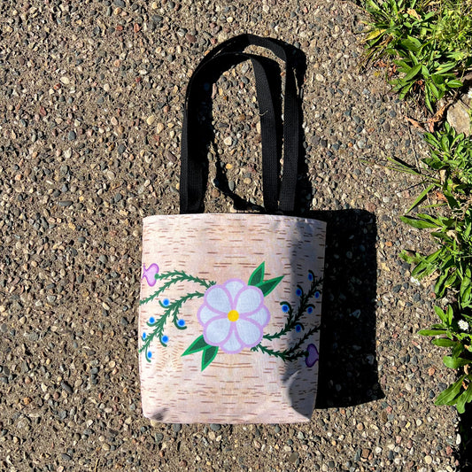 Birch Bark Print Ojibwe Floral Tote Bag