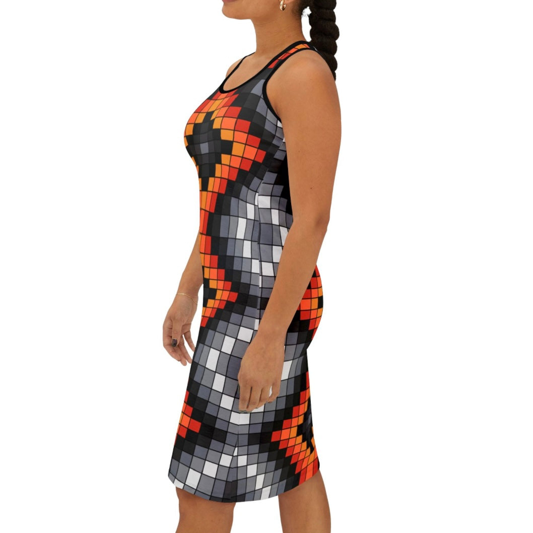 Geometric Print - Women's Racerback Dress - Black & Fire Colors