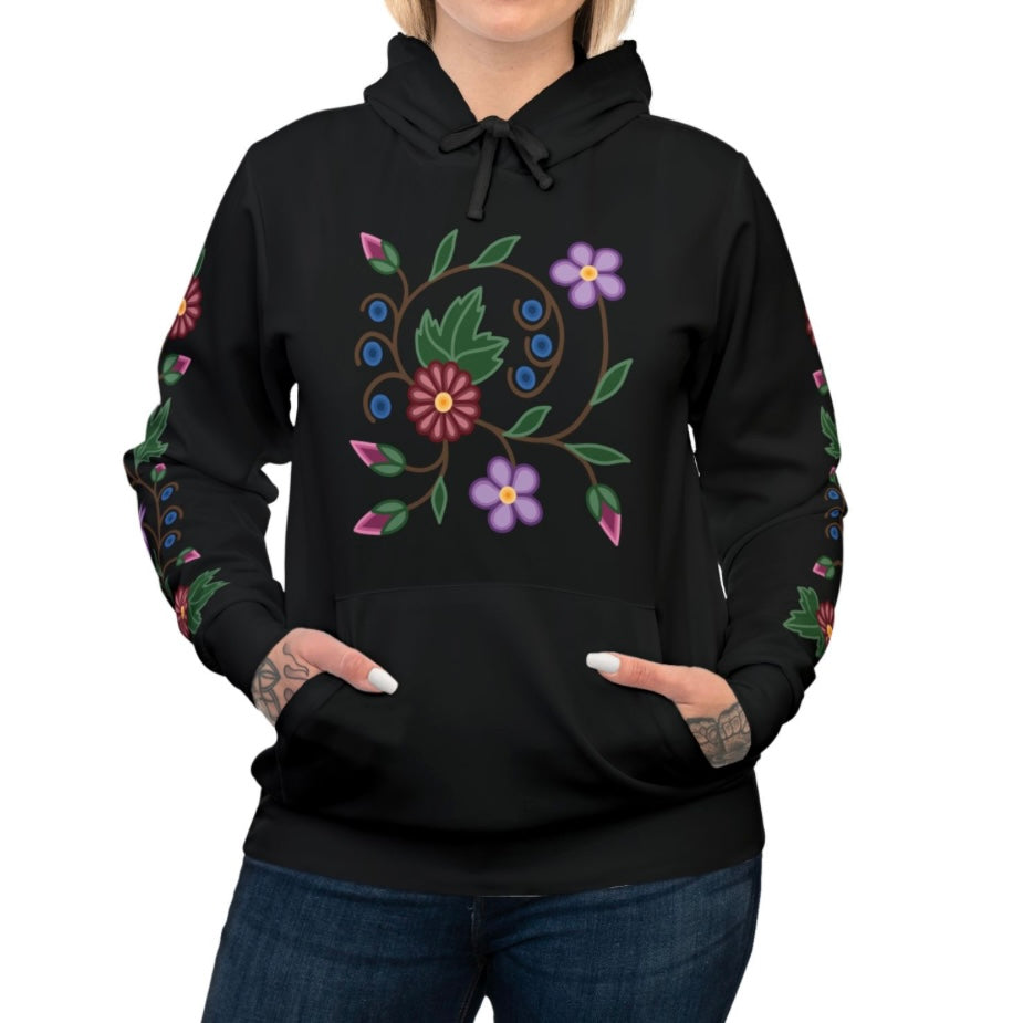 Woodland Ojibwe Floral Chest & Sleeve Design - Unisex Fit - Black Hoodie