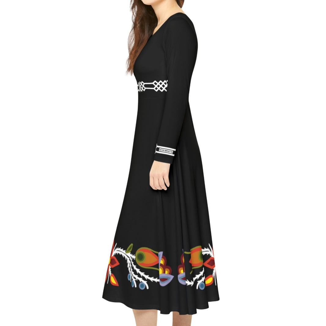 Ojibwe Florals With Otter Track Geometric Detailing - Women's Long Sleeve Dress