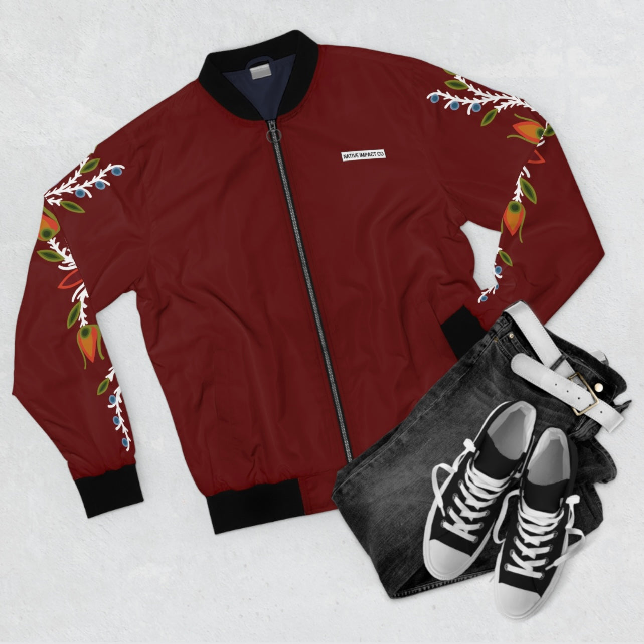 Red Cliff Shorline & Ojibwe Florals - Sleeve & Back Design - Unisex Bomber Jacket