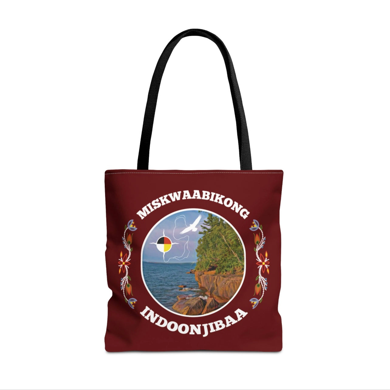 Red Cliff Shoreline & Ojibwe Florals Tote Bag