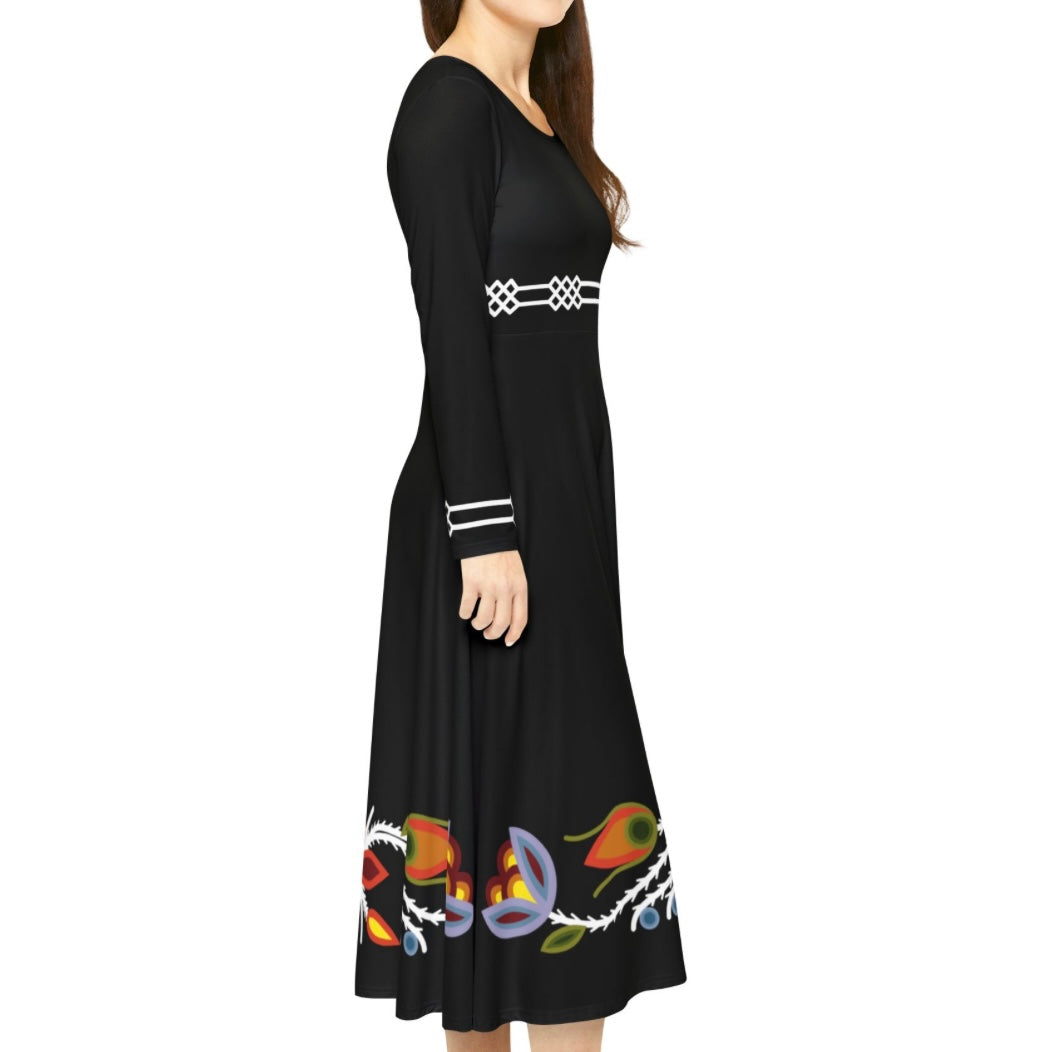 Ojibwe Florals With Otter Track Geometric Detailing - Women's Long Sleeve Dress