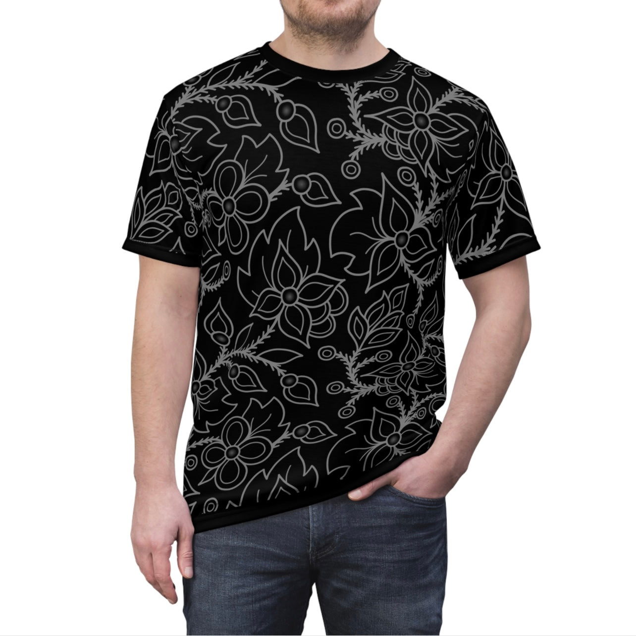 Woodland Floral All-Over-Print Design - Unisex Tee - Black