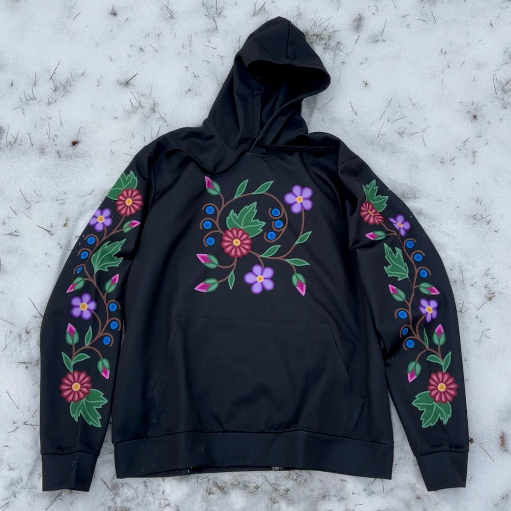 Woodland Ojibwe Floral Chest & Sleeve Design - Unisex Fit - Black Hoodie