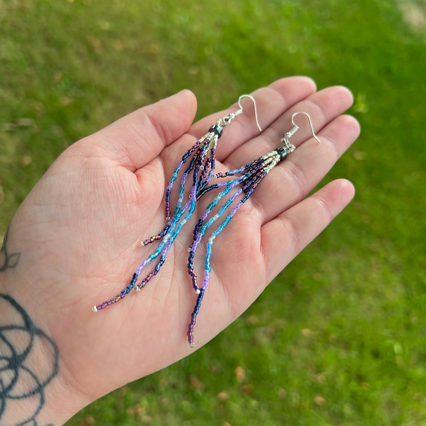 Beaded Fringe Earrings - Gunmetal, Purple, & Blue