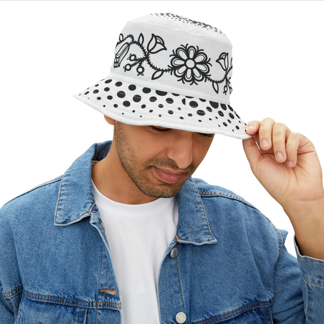 Ojibwe Floral Bucket Hat - Black & White Traditional